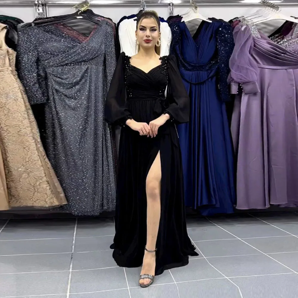 

Eightale Black Evening Dress V-Neck Appliques Beaded Long Sleeves Chiffon A-Line Arabic Formal Prom Party Gowns Robes De Soirée