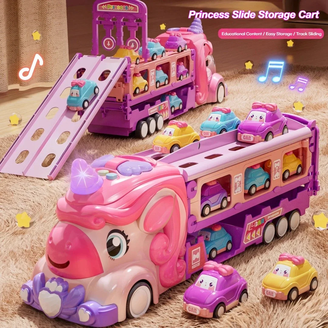 

Car Toys for Toddler Girl Unicorn Truck Foldable Race Track with Light & Sound Friction Power Princess Car Birthday Gift for Kid