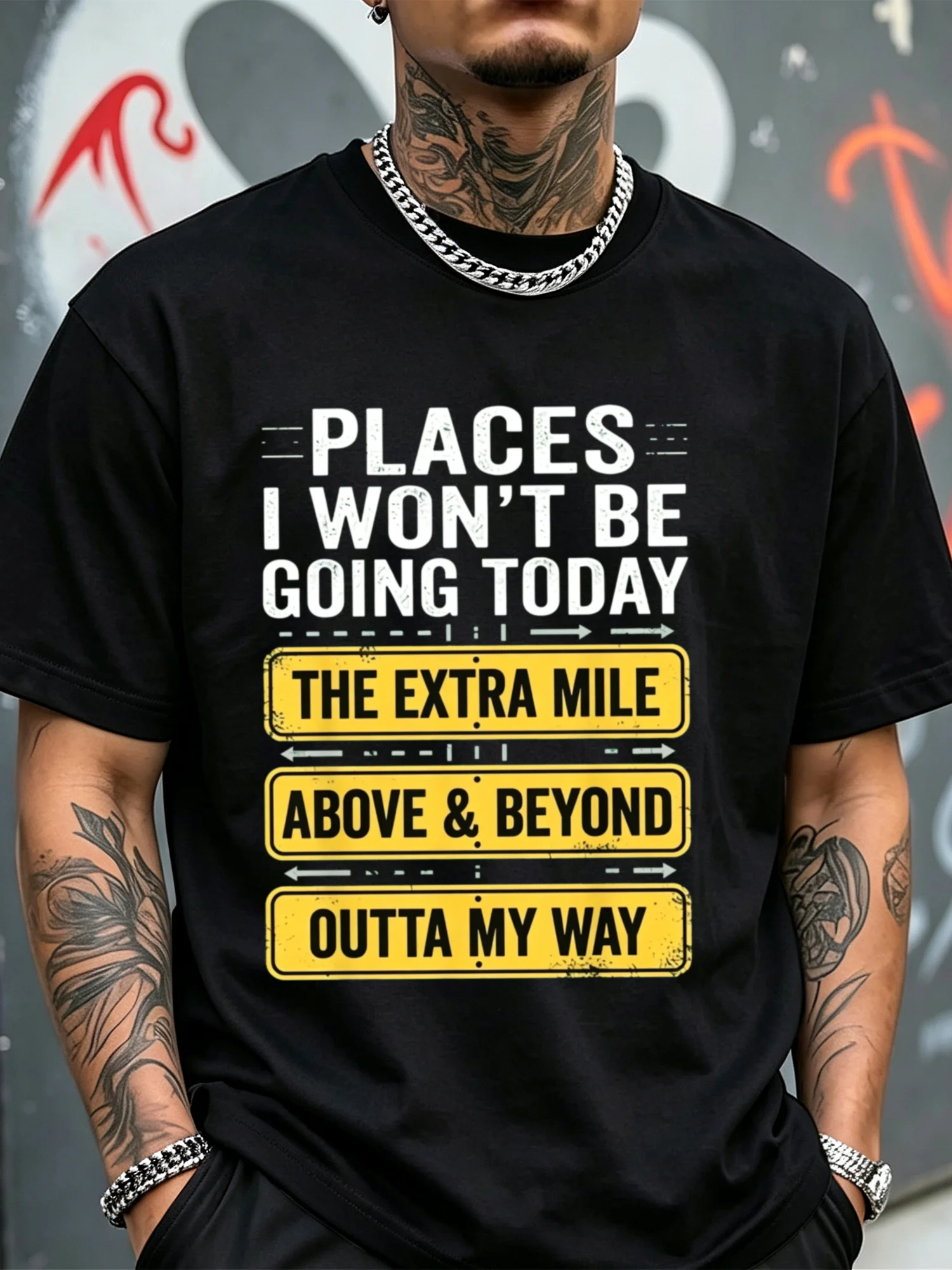 Men's Essential Black and White Crew-neck T-shirt Featuring A 'Places I'm Not Going Today' Graphic Print. Regular Fit; Comfortable, Casual, and Urban Style; Suitable for Year-round Wear; An Excellent Choice for A Holiday Gift.