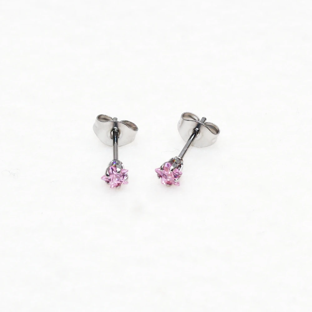 4mm AAA Pink Star Shape Zircons Stud Earrings With Stianless Steel Needle Brief Jewelry  No Allergy