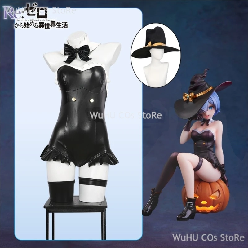 

Anime Re:Life In A World From Different Zero Rem Ram Cosplay Bunny Girl Sexy Black Jumpsuit Pu Leather Women Halloween Roleplay