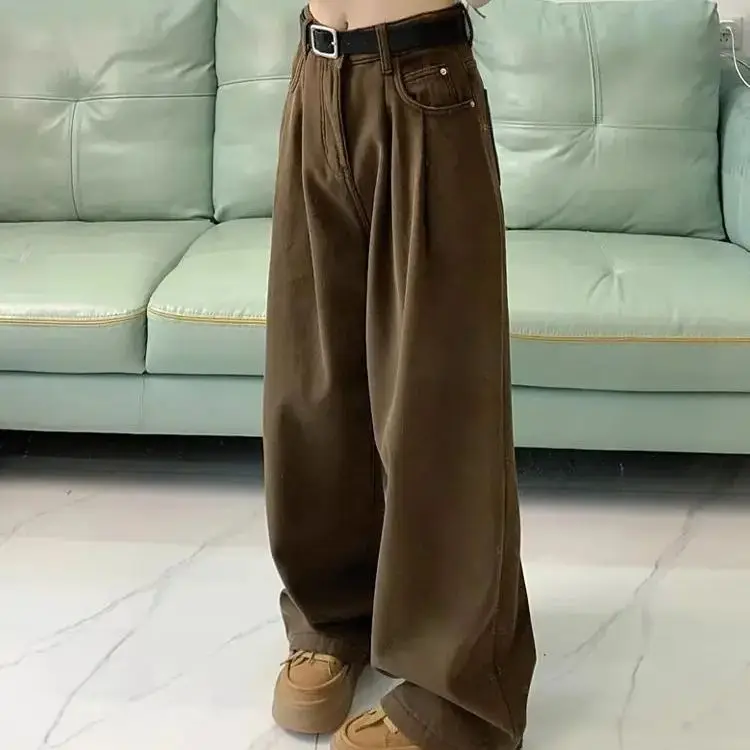 Brown High-Waisted Denim Wide-Leg Pants For Autumn New Style Straight-Leg Loose-Fitting Floor-Length Mopping Pants Women