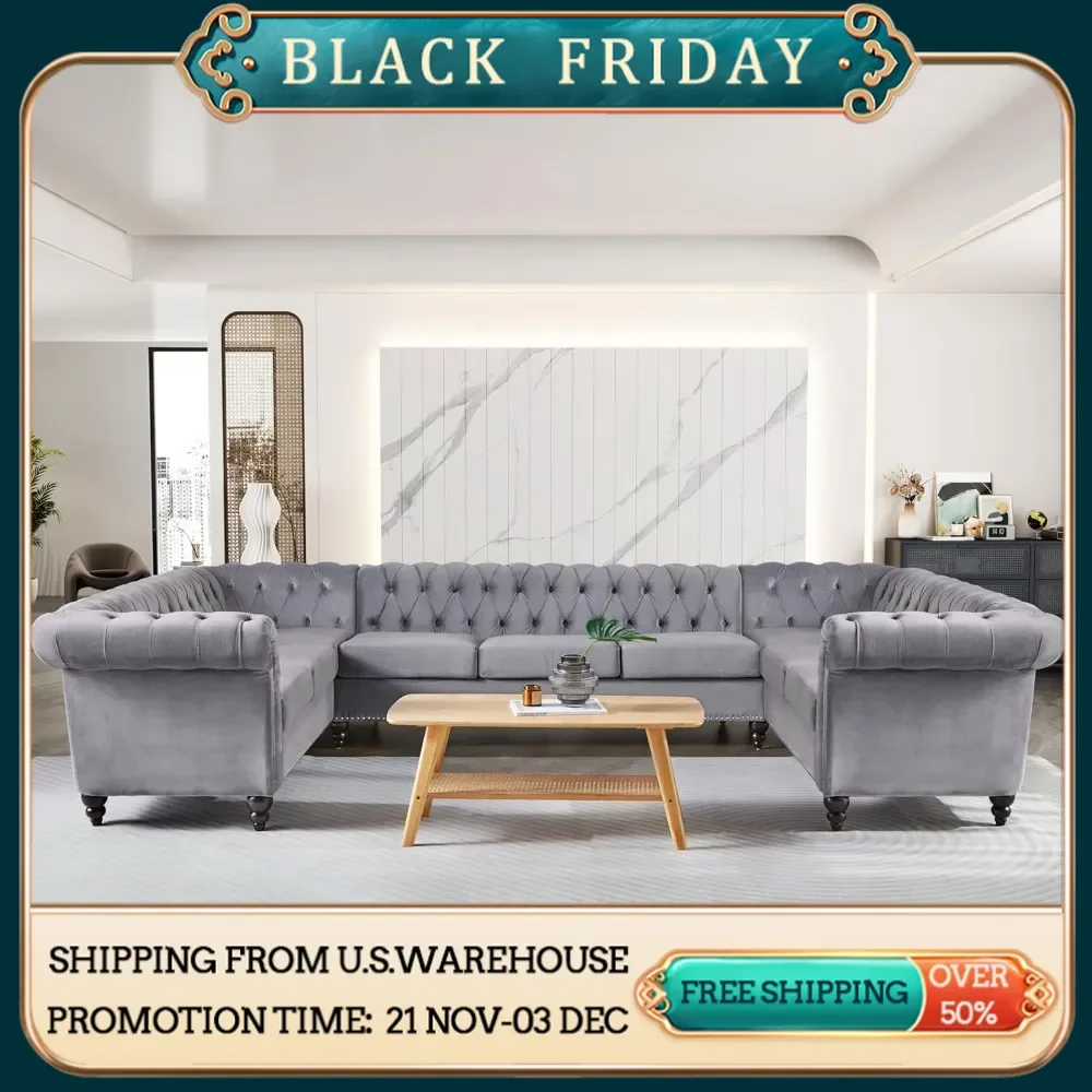 L-shaped sofa, 5-seater velvet cushion, with rolled armrests and nail head design, suitable for living rooms and offices