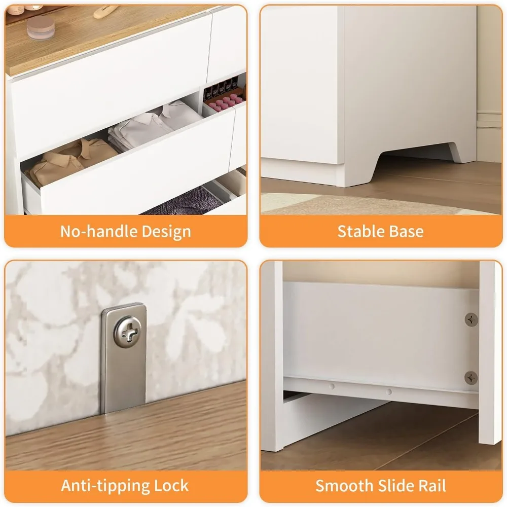 خزانة تخزين حديثة بيضاء مقاس 47 بوصة مع 6 أدراج ومنظم وحدة تحكم تلفزيون منزلقة