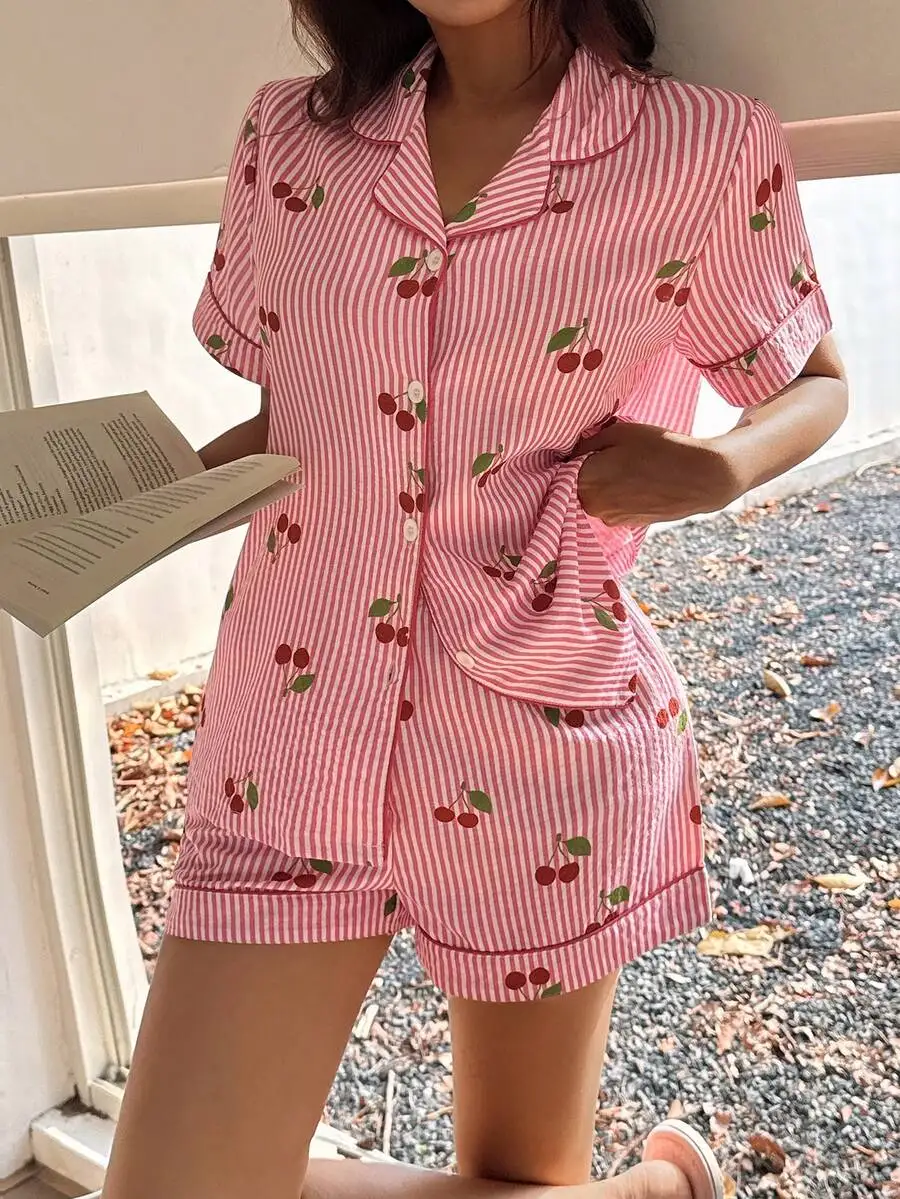 

Pink Striped Cherry Print Lapel Short Sleeve Shorts Pajama Set For Women