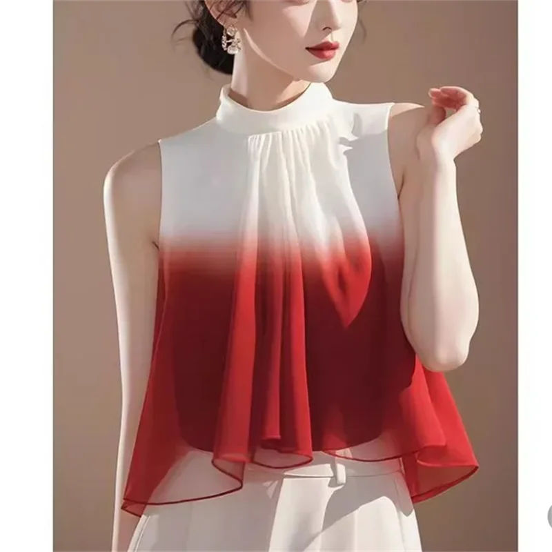 Hanging Neck Shirt For Women Blouses Sleeveless Top Summer Clothes Shirt Pleated Top Short Thin Blou Splicing Female Blouses