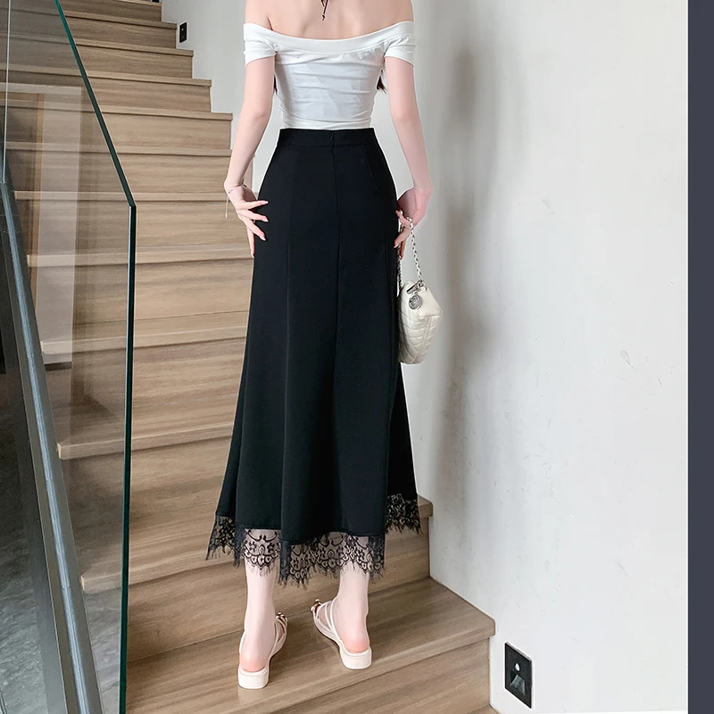 2025 Spring Summer Lace Spliced Midi Skirt High Waist A-Line Women Clothing Elegant Slim Long Skirts for Women Sexy Black Skirt
