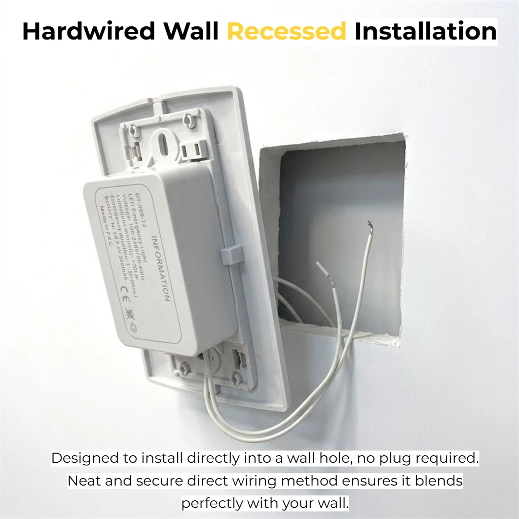 Wired Recessed Emergency LED Light, Auto-On Blackout, No Motion Sensor, Battery 1.5hr, 100lm.