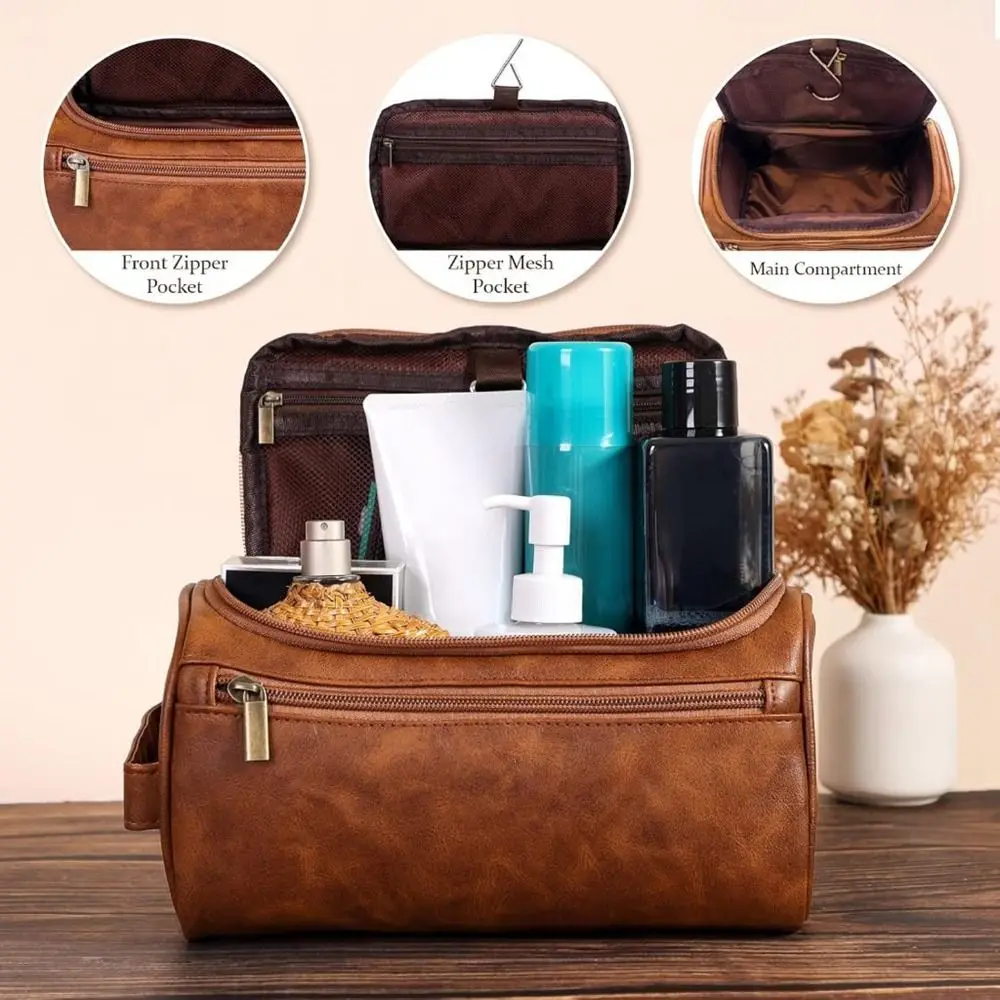 

PU Leather Men Toiletry Bag With Handle with Hanging Hook Makeup Bag Large Capacity Waterproof Makeup Pouch Travel