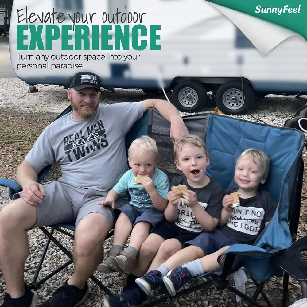 Silla plegable doble para acampar, sillón de dos plazas de gran tamaño, silla de césped portátil/plegable resistente con almacenamiento para exterior/exterior