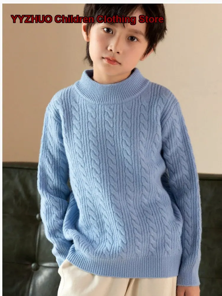 Kids Thickened Knit Top Girls Boys Half High Neck Round Neck Twisted Knit Cashmere Base Layer