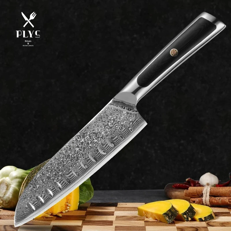 PLYS Damascus Steel Santoku Knife，VG10 Steel Handle Western 6.9 inch Chef Knife，Kitchen Sharp Meat Slicing Knife