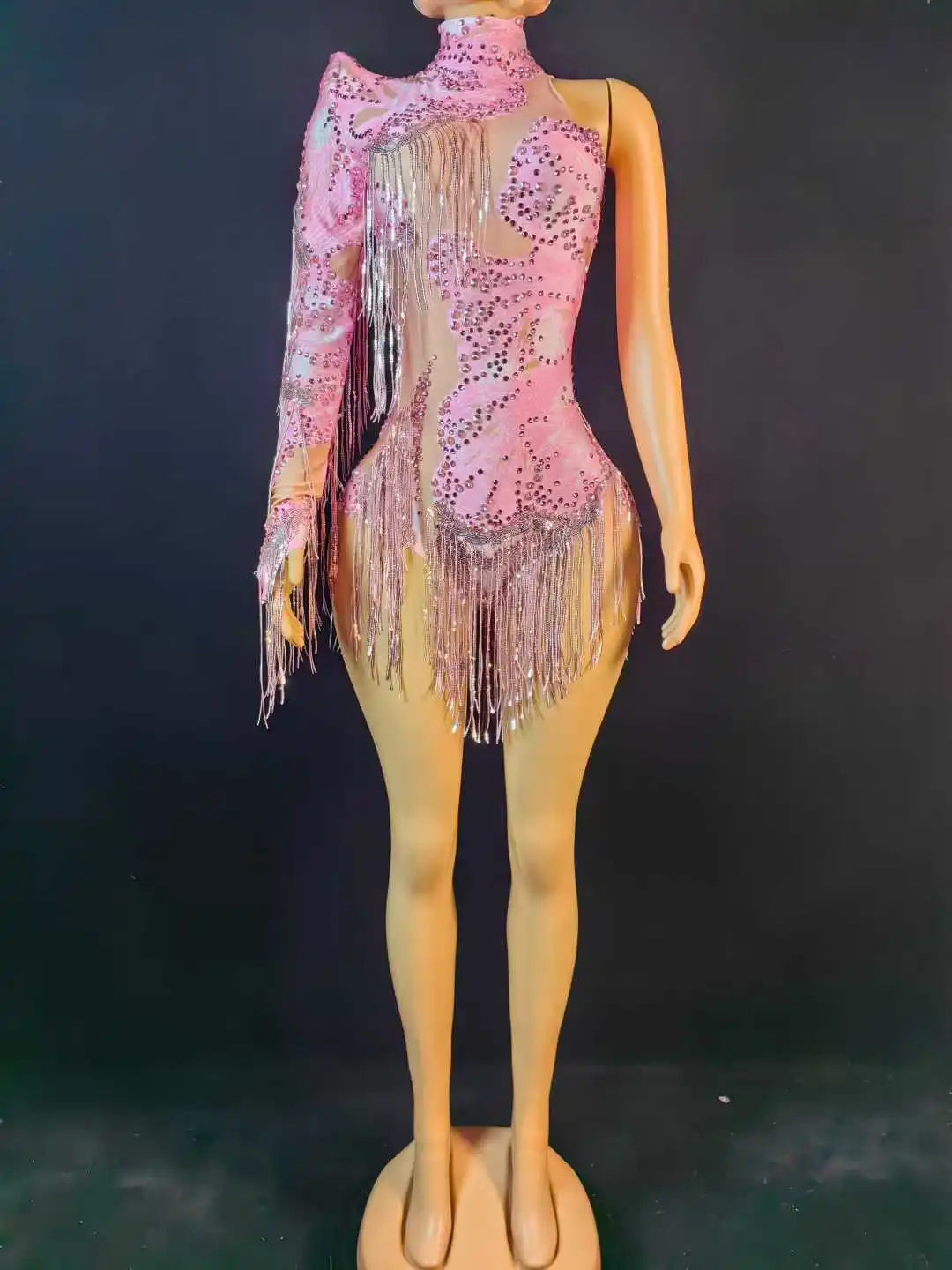 Single Sleeve Fringe Rhinestone Bodysuits For Women Drag Queen Costumes Night Club Stage Wear White Green Red Body Suits