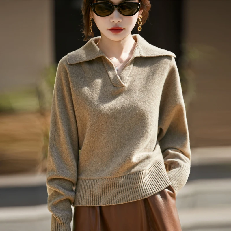 

Осень/зима, новый женский свитер, 100% шерсть, вязаный свитер с рукавами «летучая мышь», женский пуловер с воротником-поло, повседневные топы большого размера