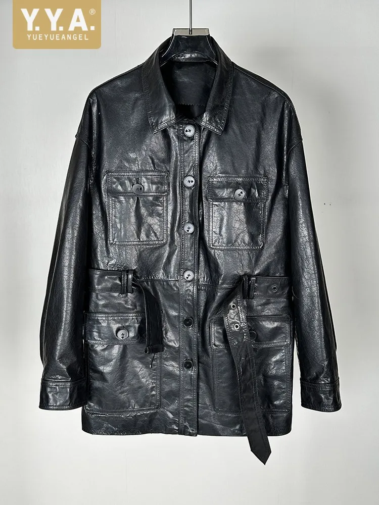 Fashion Spring Lady Oil Wax Cowhide Genuine Leather Belt Jacket Turndown Collar Mid Length Coat Single Breasted Casual Outerwear