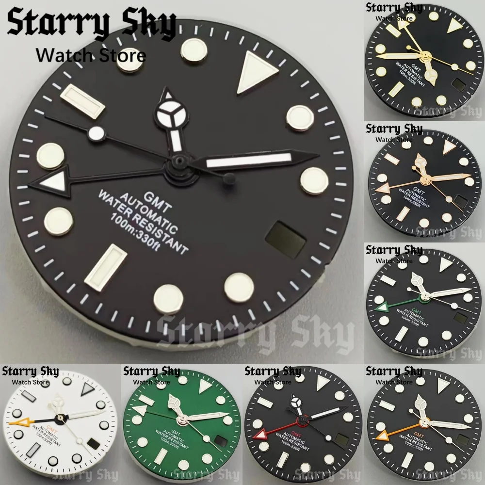 Starry Sky 29mm Black/White/Green Date Window GMT Mark Watch Dial With Green Luminous Suitable For NH34 Movement Watch Accessory