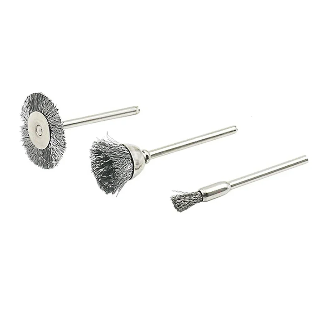 3 uds cepillo de eneldo cables de acero inoxidable 5/15/25mm cabezal de cepillo vástago de 3mm para eliminación de óxido herramienta rotativa amoladora