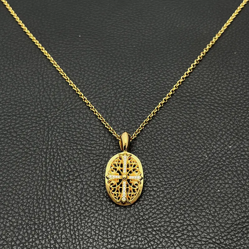 

S925 Sterling Silver Premium Full Diamond Oval Hollow Vine Cross Necklace Cross Flower Pendant