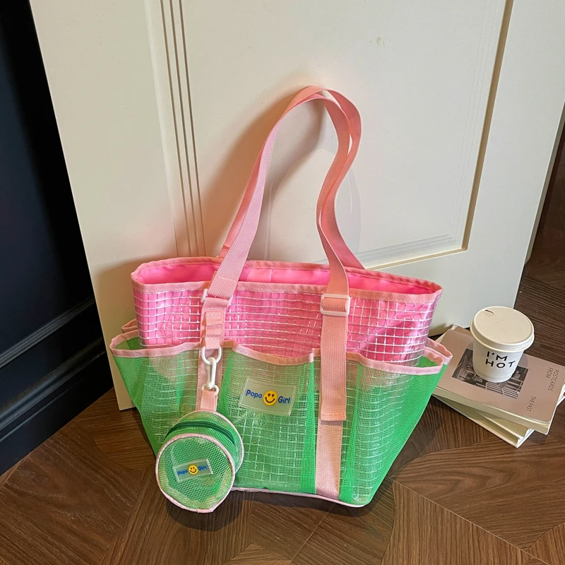 Mesh Beach Tote Bag Sandproof Large‑Capacity Swim Pool Shoulder Handbag Detachable Coin Purse for Travel Swimming Gym Vacation