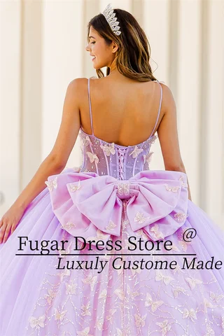 2025 Lila Prinsessa Balklänningar Quinceanera Klänningar 3D Fjärilsdekal Långärmad Transparent Tight Korsett Vestidos De XV Ano 10 best sales lila balklänning - №6
