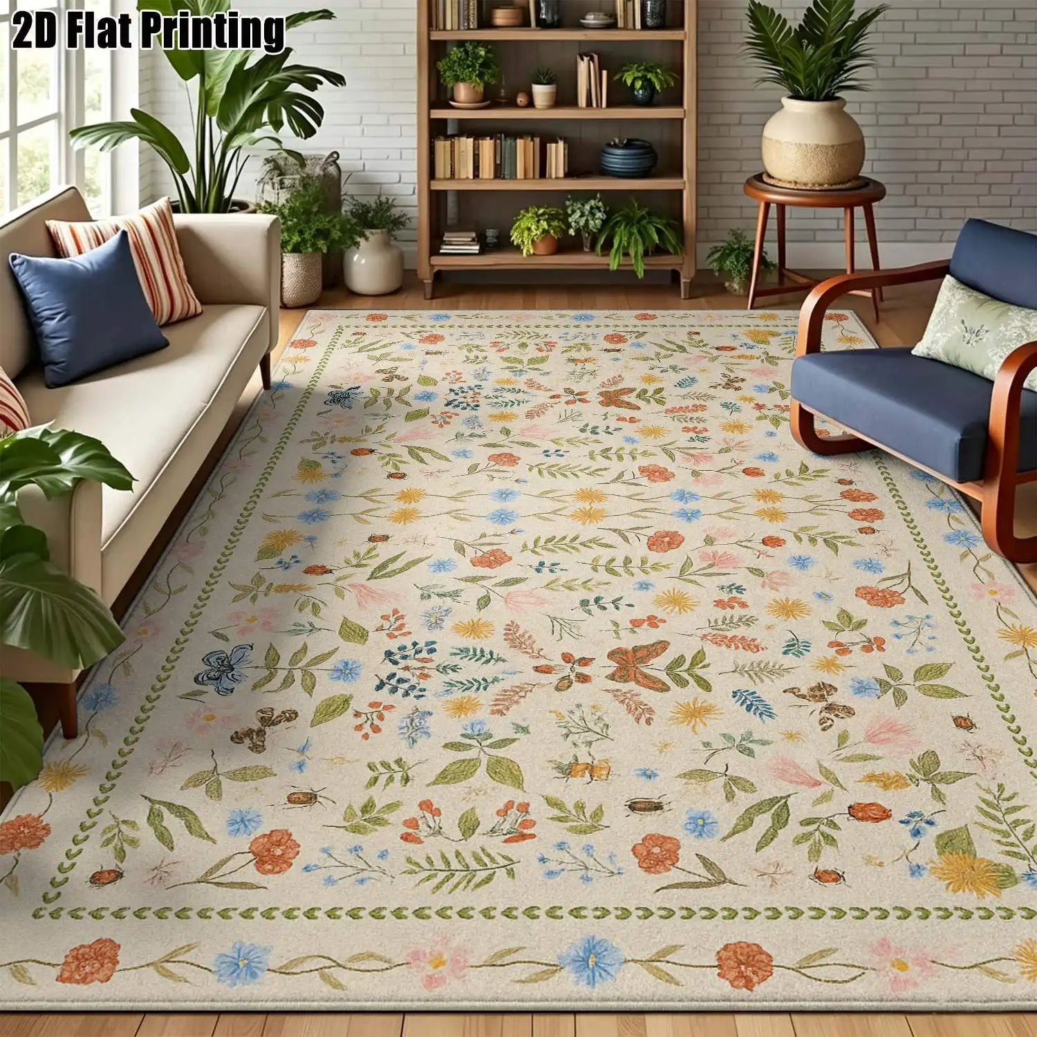 1Pc 2D Printed Carpet: Midi-Colored Floral Butterfly Pattern, European/Retro/Bohemian/Minimalist Style, Home Decor Floor Mat, Multi-Size, Machine Washable, for Entrance, Dining, Foyer, Bedroom, Living Room