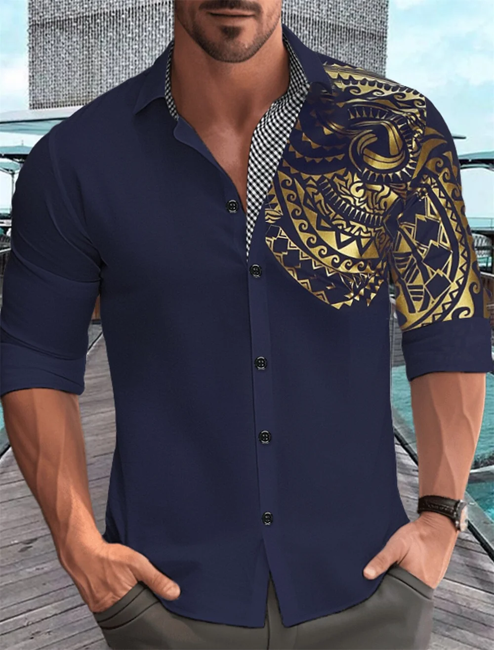 Camicia da uomo con stampa motivo oro, camicia abbottonata con risvolto a maniche lunghe bianca, nera, rossa, top casual alla moda, taglie forti