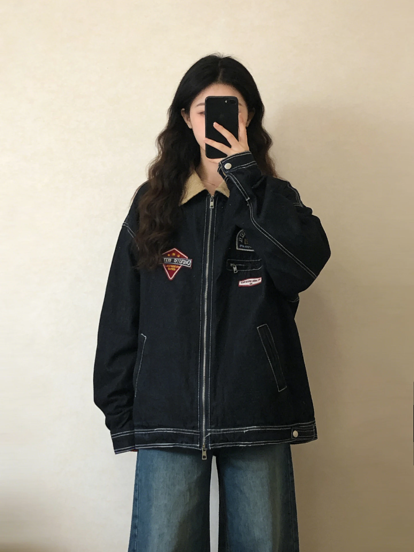 

Ретро-джинсовая куртка в американском стиле с цветными вставками, женская, свободного кроя, с воротником, весенняя новинка, маленький размер, повседневная верхняя одежда, топ