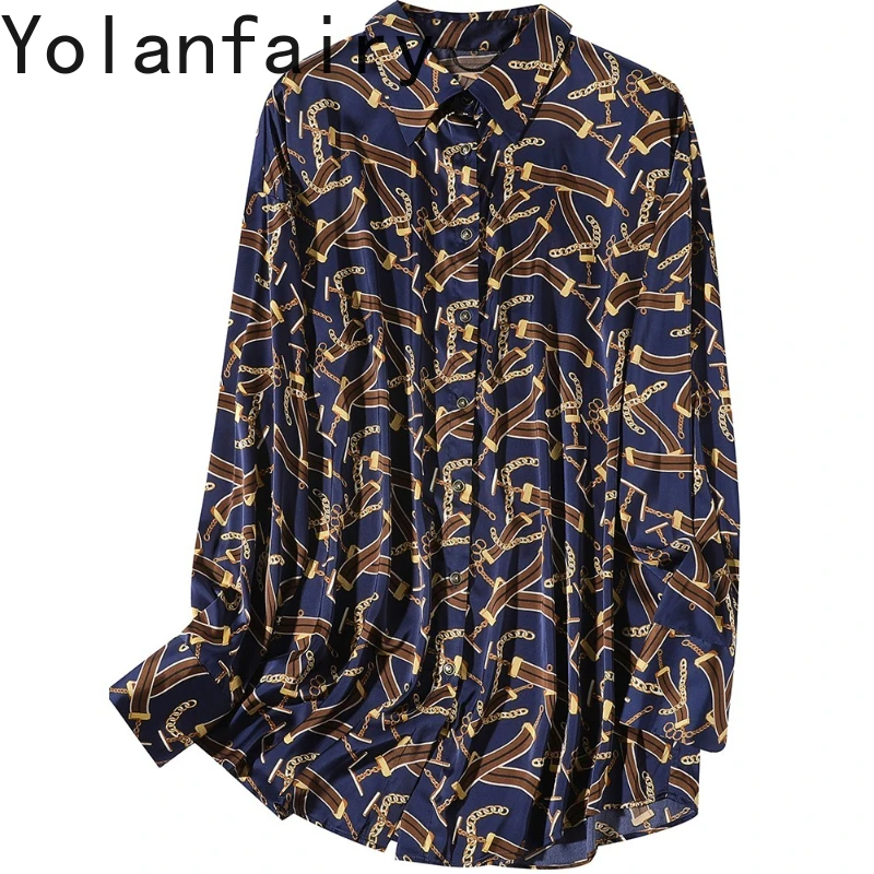 

YOLANFAIRY Heavyweight 95% Mulberry Silk 5% Spandex Women Shirt Autumn Printing Long Sleeve Shirts Top Mid-length Shirts Dames