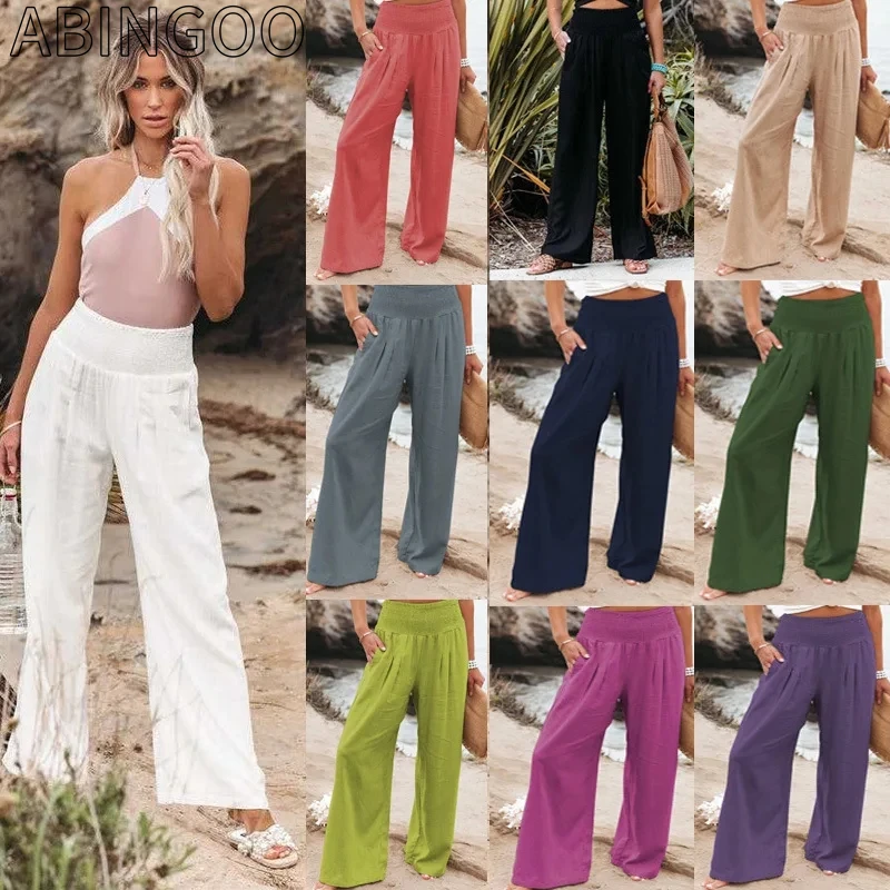 ABINGOO Spring/Summer New Women Cotton Linen Wide Leg Pants Loose Solid Office Lady Trousers Elastic Waist Casual Long Pants