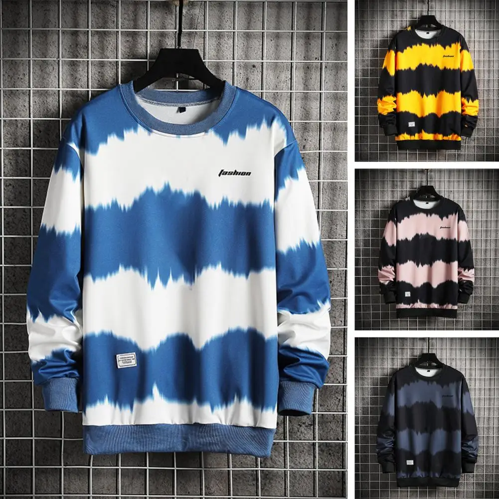 Men T-shirt Tie Dye Print Loose Long Sleeve O-Neck Streetwear Spring Autumn Ribbed Cuff Sweatshirt Bottoming Shirt Men Clothing