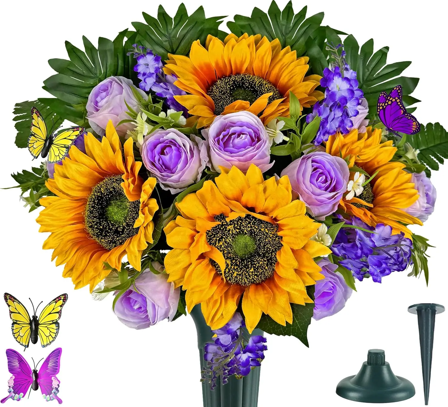 

Artificial Cemetery Flowers - Memorial Flowers - Outdoor Grave Flower Decorations,Sympathy Flower with Vase - Rose Sunfl