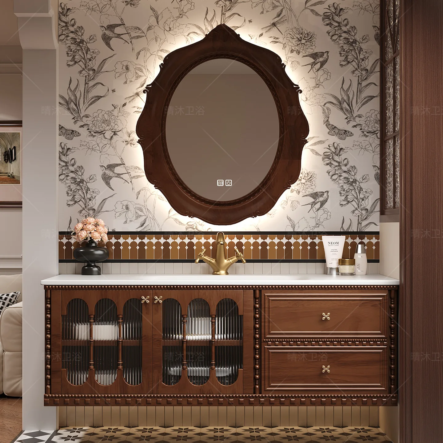 French retro style bathroom cabinet combination rock slab hot bending integrated basin smart mirror cabinet bathroom washbasin