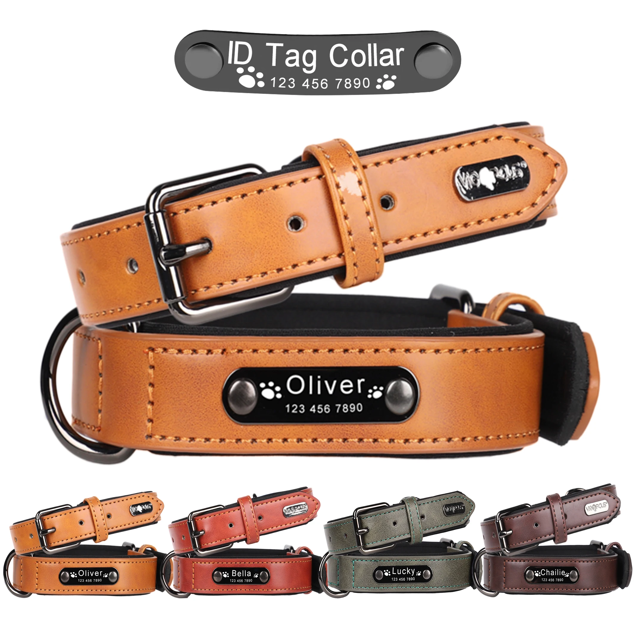 Custom Dog Collar Tag Free Engraved Leather Personalized Dog Collars For Big Small Dogs Dog Name ID Tag Customs Free Products