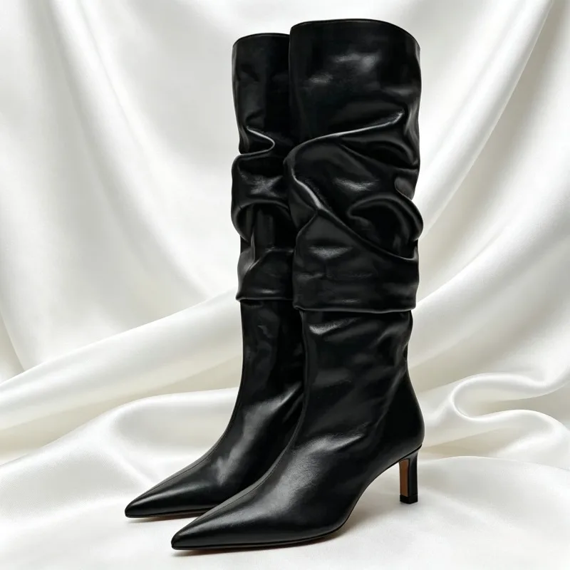 

Sexy Black Pointed Toe Pleated Design Knee Boots Women Comfortable Soft Leather Kitten Heel Long Boot Elegant Bottes Femmes Luxe