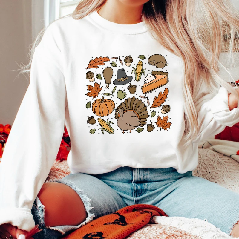 Happy Thanksgiving Sweatshirt Women Thanksgiving Doodles Pumpkin Leaves Sweater Funny Fall Season Gift Turkey Thankful Hoodies