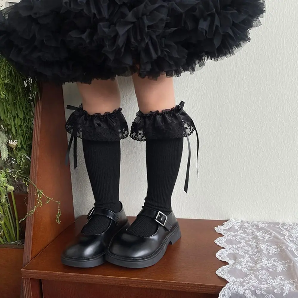 

Breathable Solid Color Balletcore Lace Socks Ribbon Bow Autumn&Winter Mid-Tube Hosiery Mesh Korean Style Thin Stockings Girls