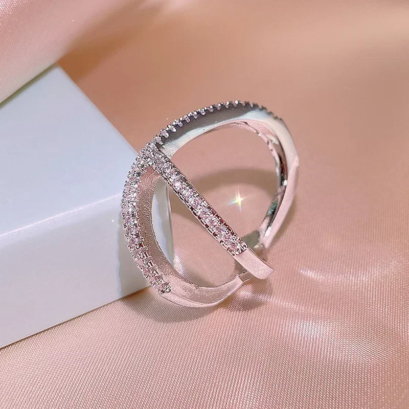 Valentine's Day Gift Sterling Silver Rings for Women Girl Wedding Band Party Multilayer Cross Micro Inlay Ring Jewelry Wholesale