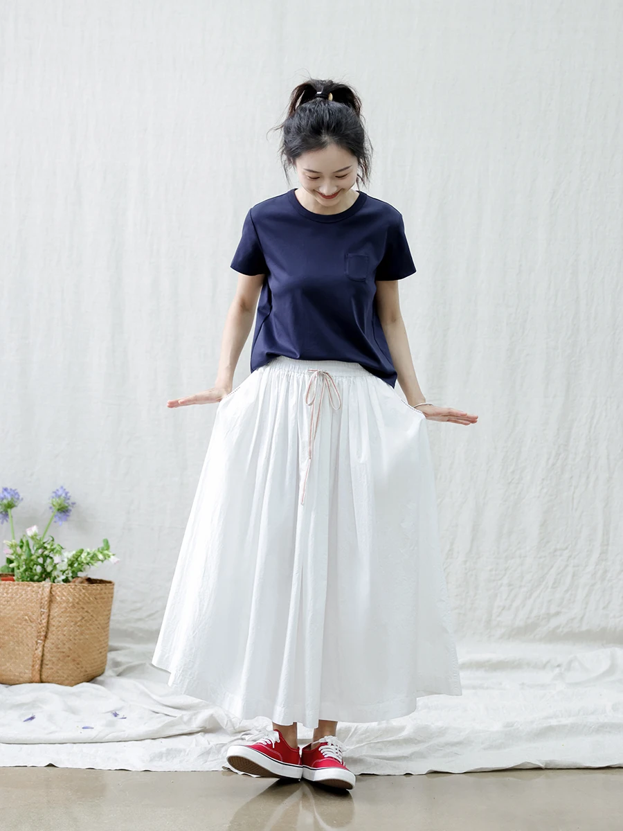 

Original Summer Pima Cotton f Skirt with Dstring Multiple Pleats Paper-like Texture A-line Midi Skirt Color
