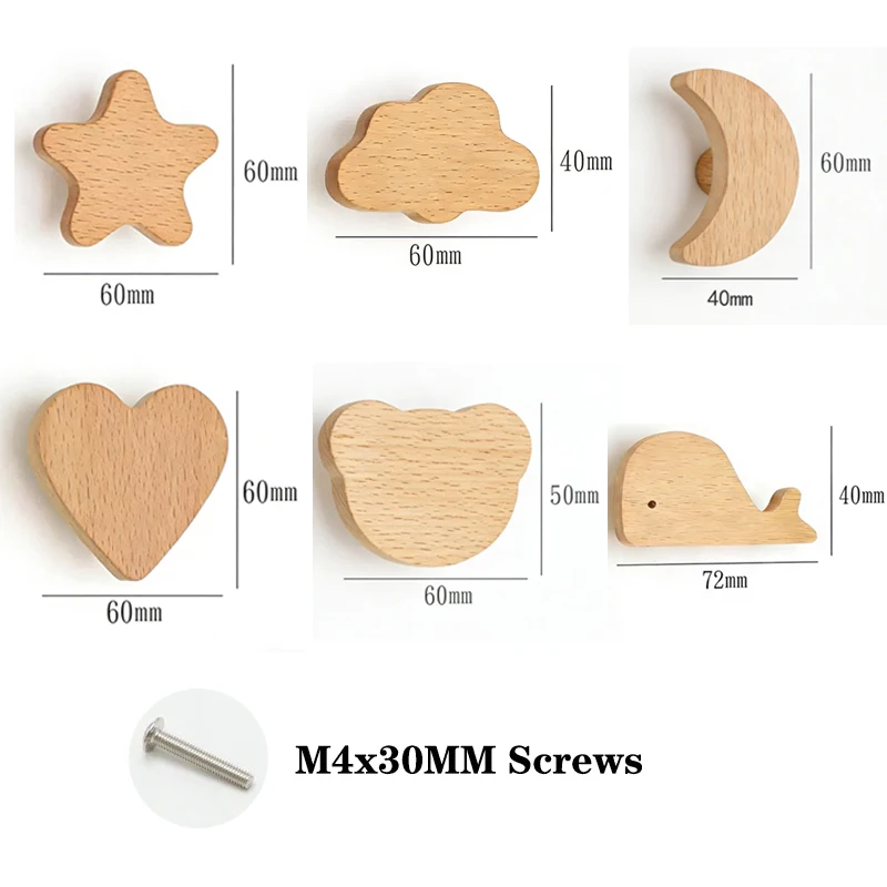 6pcs Beautiful Heart Shape Furniture Handles Moon Drawer Wooden Knobs Star Cloud Children Decoration Cabinet Wood Pulls