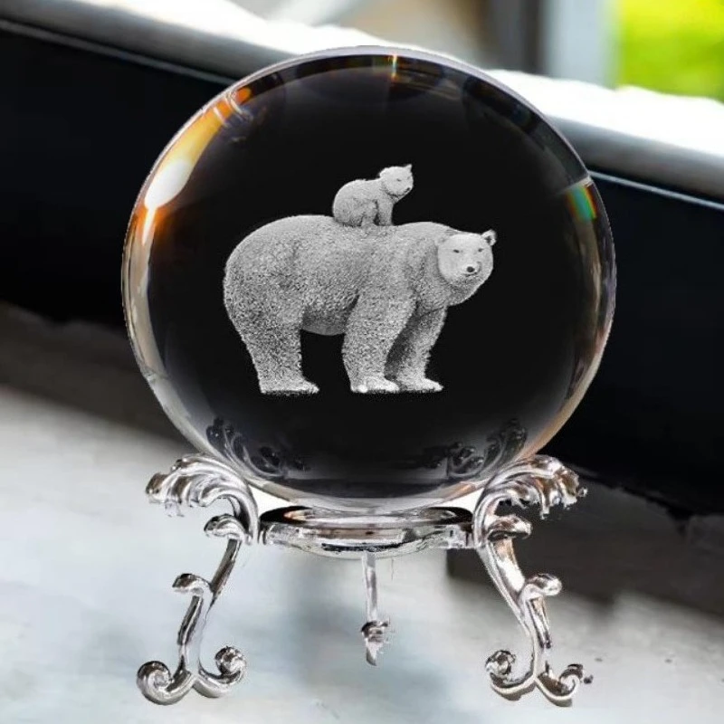 Crystal Ball Model 3D Great Maternal Love Polar Bear Mother and Cub Laser-engraved Glass Ball  Home Decoration Ornament
