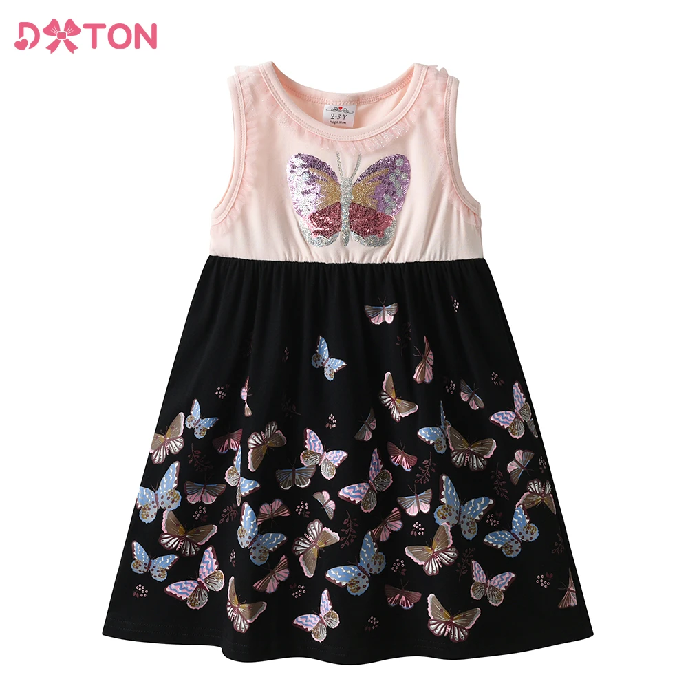 

DXTON Girls Butterfly Sequined Appliqued Dress Kids Sleeveless Summer Cotton Straight Dresses Children Casual Clothes 3-12 Yrs