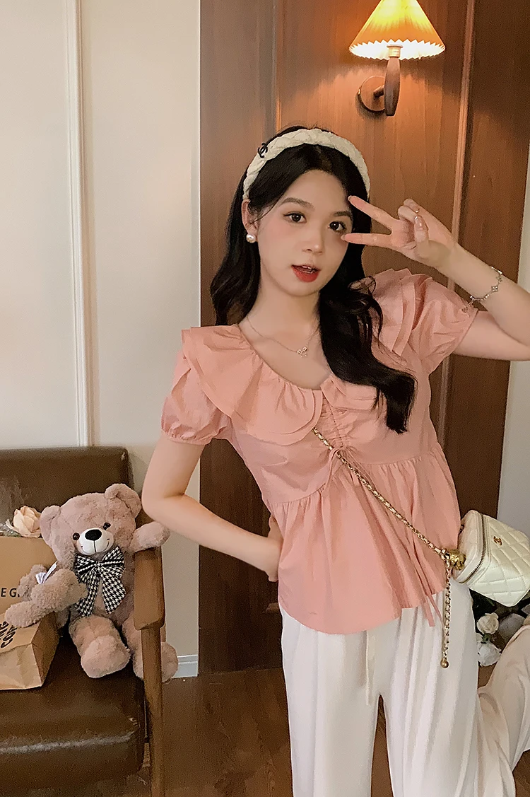 

Pink Sweet Double Layer Ruffle Collar Waist Cinching Slimming Anti Aging ANLI Doll Collar irt Women's Faion Casual Top