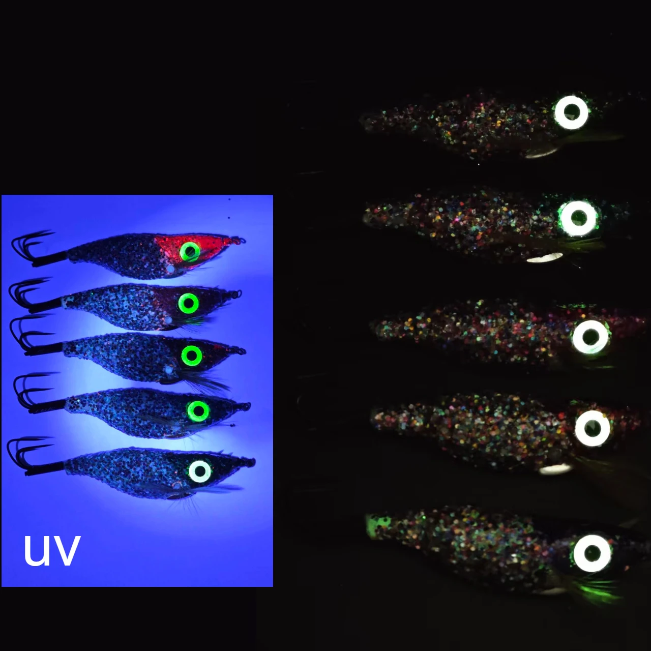 5pcs Glitter Luminous Squid Jigs Egi Lures, Glow In Dark Wood Shrimp Bait Triple Hook, Saltwater Octopus Eging Fishing Tackle view 3