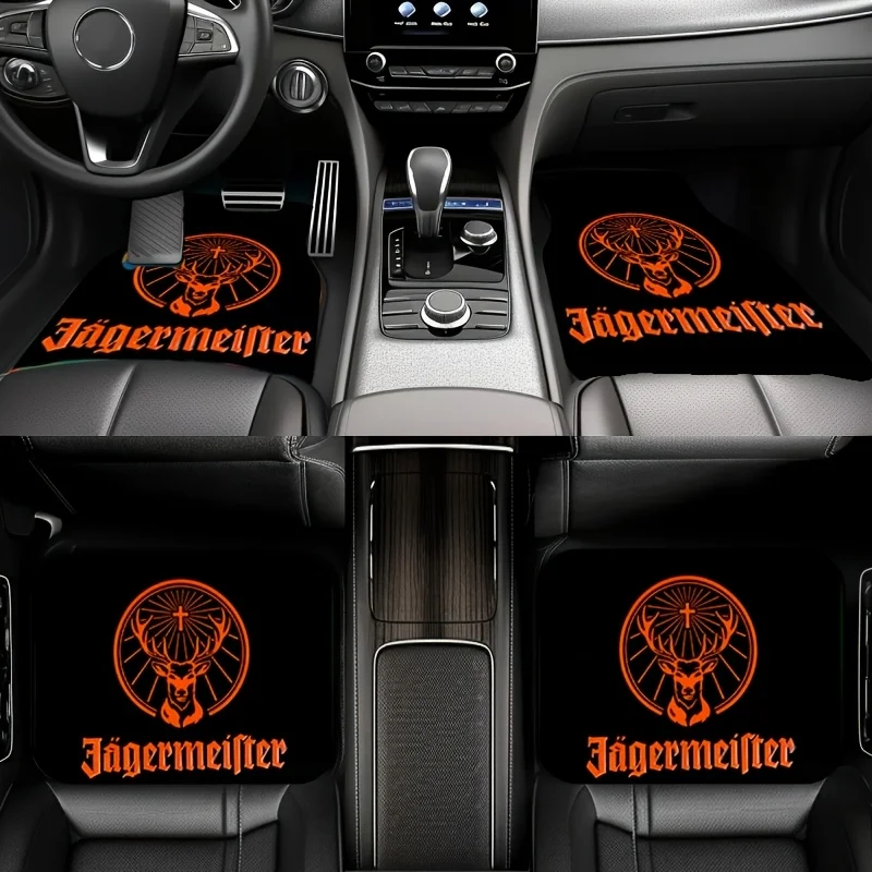 4pcs Car Floor Mats Set With German Beer Logo & Deer Head Design - Black/Orange Non-Slip Heavy-Duty Auto Floor Liners, Driver/Pa