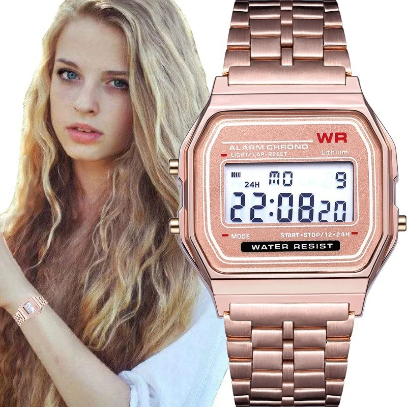 Retro Vierkante Elektronische Horloges Digitaal Display Dames Heren Horloge Rose Goud Zilver Luxe Dames Horloges Relojes Para Mujer