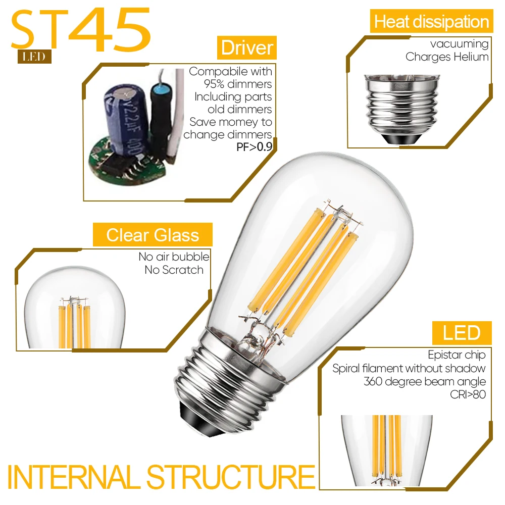 Lâmpada LED Dimmable, Lâmpada de Filamento, Substituir Pingente, Luzes Decoração Vintage, ST45, 220V, E27, 110V, E26, S14, 6.5W, 806LM, Lumen Alto