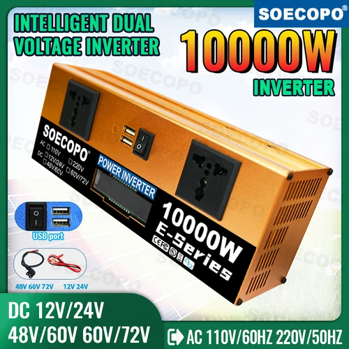Inversor de corriente de 10000W, 12V, 24V/48V/60V/60V/60V72V, 220V, refrigerador/lavadora con 2 salidas de CA para sistema Solar, talleres