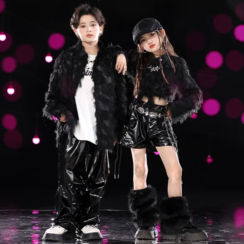 

Children Hip Hop Jazz Dance Clothing Girls Fashion Kpop Stage Outfit Kids Model Show Costume Black Feather Shirt Leather Shorts