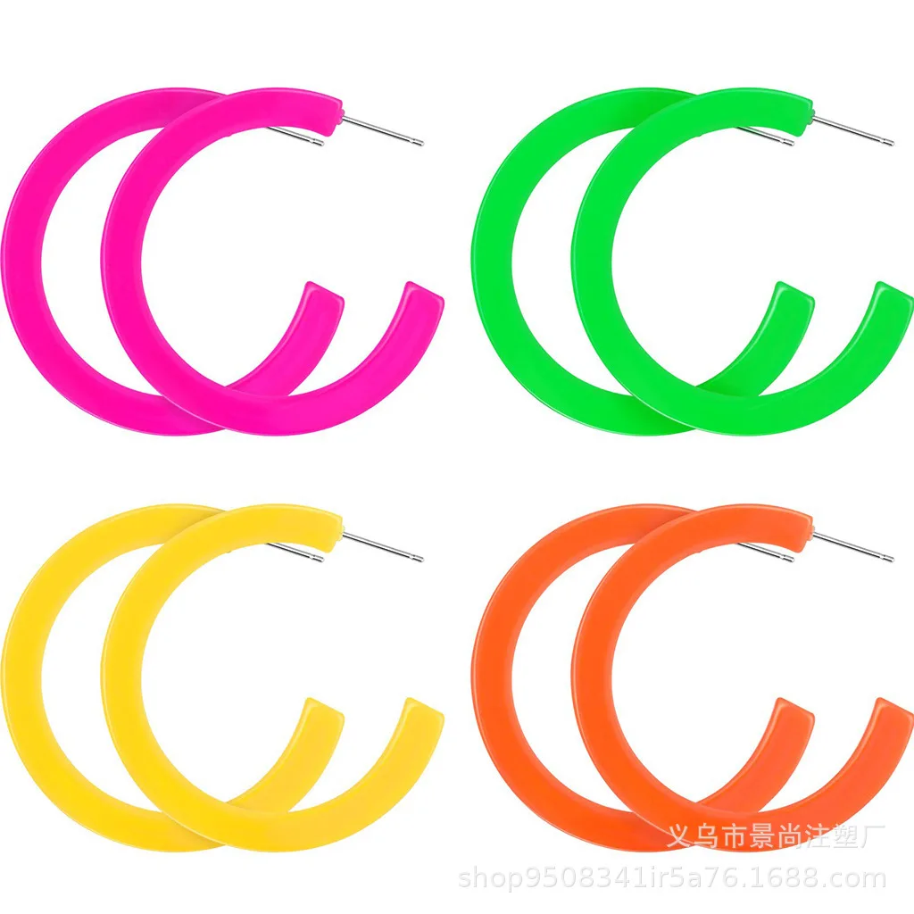 

2Pcs Acrylic Neon 80s 90s Earrings Women Retro Colorful Candy Color Lightweight Hoop Earrings Birthday Party Costume Accessory