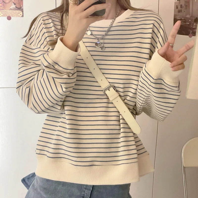 Women Striped Print Long Sleeve Loose T-shirts Spring Summer O-Neck Tee Tops CDPF-6874